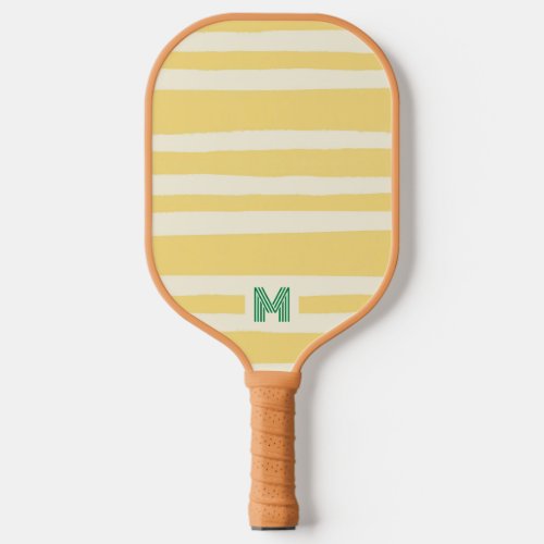 Retro Chic Yellow Stripes Monogram Pickleball Paddle