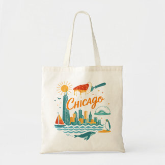 Retro Chicago Skyline Illustration Tote Bag