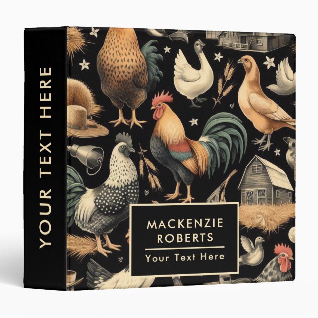 Retro Chicken Farm Pattern 3 Ring Binder (Front/Spine)