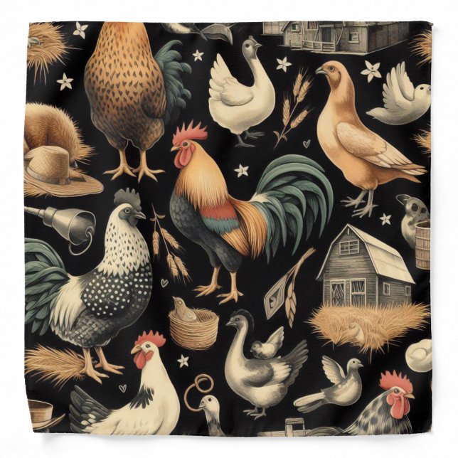 Retro Chicken Farm Pattern Bandana (Front)