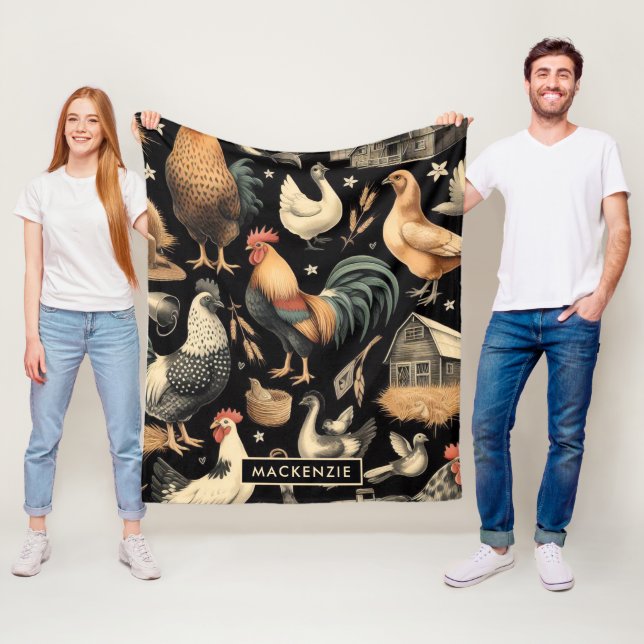 Retro Chicken Farm Pattern Fleece Blanket (In Situ)