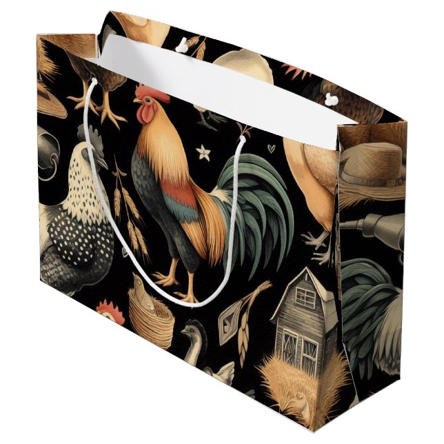 Retro Chicken Farm Pattern Large Gift Bag (Back Angled)