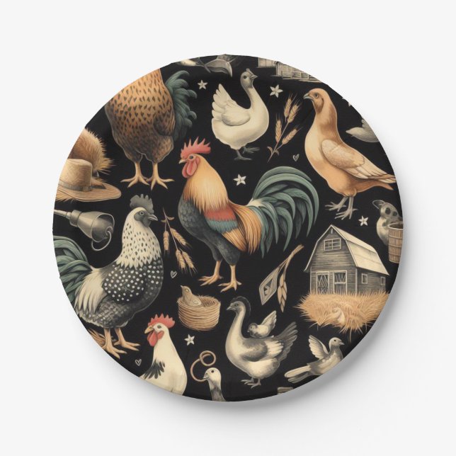 Retro Chicken Farm Pattern Paper Plates (Front)
