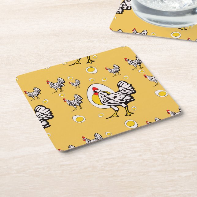 Retro Chickens Square Paper Coaster (Angled)
