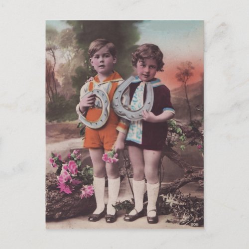 Retro Children with Good Luck Horse Shoes Postcard