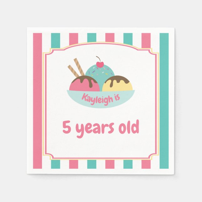 Retro Children's Pink Teal Ice Cream Party Napkins (Front)