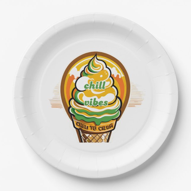 Retro Chill Vibes Ice Cream Sticker - Summer Sunbu Paper Plates (Front)