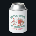 Retro Chillin' With My Snowmies Christmas Can Cooler<br><div class="desc">Sip in vintage style this holiday season! This festive cold can drink cooler features a retro-inspired snowman kickin’ back with a cup of hot cocoa, surrounded by his snowmies. With bold, nostalgic colors and cozy vibes, it’s the perfect companion for cocoa, coffee, or holiday cheer. Great for gifting—or keeping all...</div>