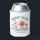 Retro Chillin' With My Snowmies Christmas Can Cooler<br><div class="desc">Sip in vintage style this holiday season! This festive cold can drink cooler features a retro-inspired snowman kickin’ back with a cup of hot cocoa, surrounded by his snowmies. With bold, nostalgic colors and cozy vibes, it’s the perfect companion for cocoa, coffee, or holiday cheer. Great for gifting—or keeping all...</div>