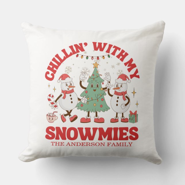Retro Chillin' With My Snowmies Christmas Throw Pillow (Front)