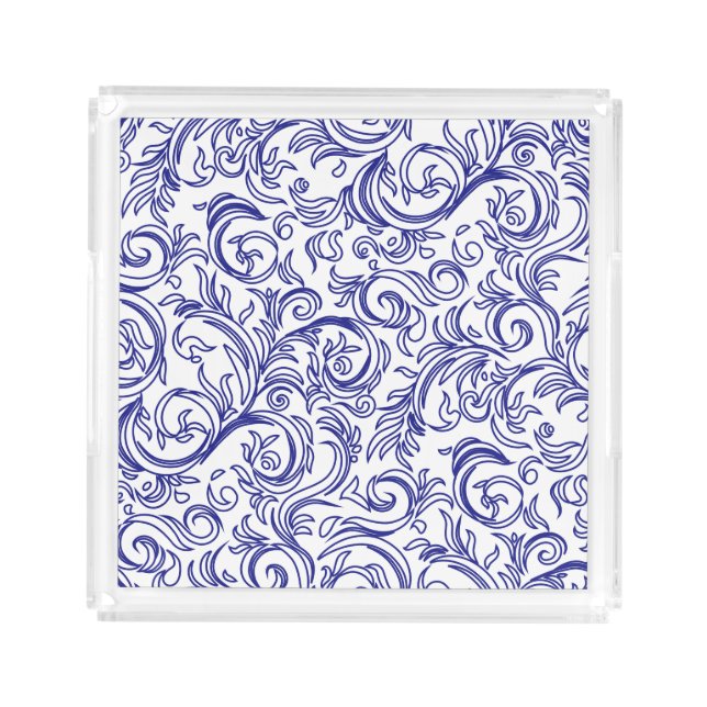 Retro Chinoiserie Blue and White Pattern Acrylic Tray (Front)