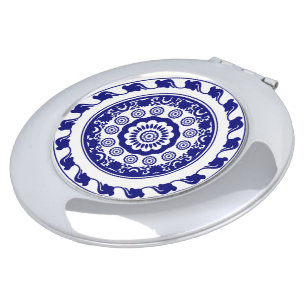 Retro Chinoiserie Blue and White Pattern Compact Mirror