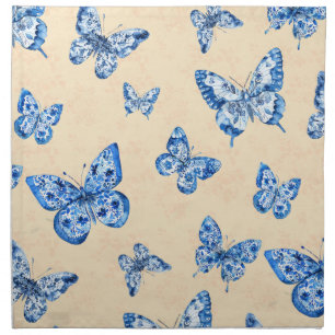 Retro Chinoiserie Blue Butterflies Blush Ivory  Cloth Napkin