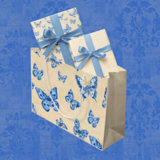Retro Chinoiserie Blue Butterflies Blush Ivory Large Gift Bag