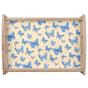 Retro Chinoiserie Blue Butterflies Blush Ivory  Serving Tray
