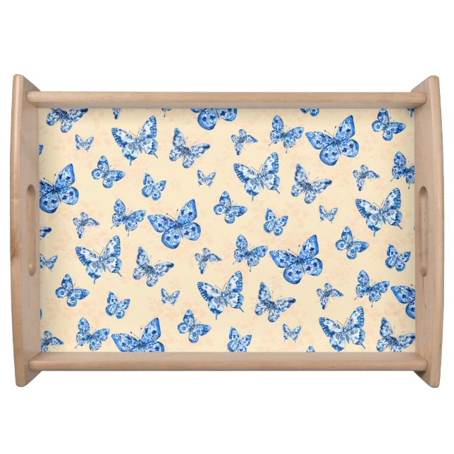 Retro Chinoiserie Blue Butterflies Blush Ivory  Serving Tray (Front)