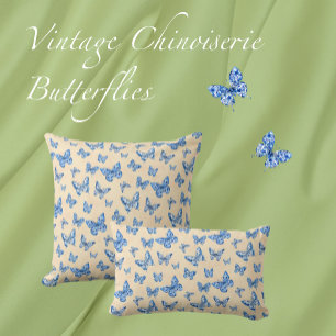 Retro Chinoiserie Blue Butterflies Blush Ivory Throw Pillow