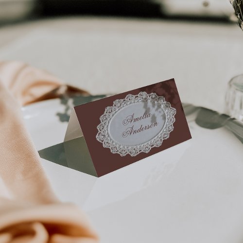 Retro Chocolate Brown Lace Wedding Place Cards