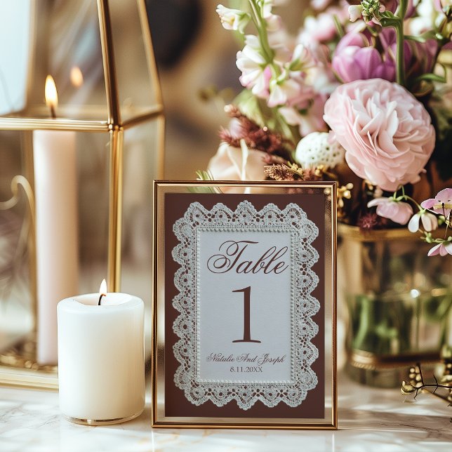 Retro Chocolate Brown Lace Wedding Table Number (Creator Uploaded)
