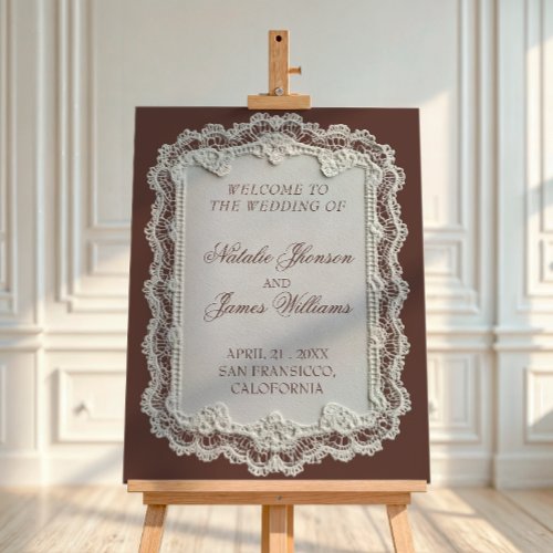 Retro Chocolate Brown Lace Wedding Welcome Sign