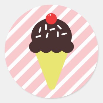 Retro Chocolate Ice Cream Cone With Pink Stripes Classic Round Sticker by retroflavor at Zazzle