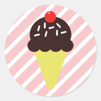 Retro Chocolate Ice Cream Cone with Pink Stripes Classic Round Sticker