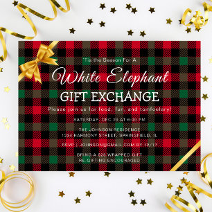 Retro Chrismas Plaid White Elephant Gift Exchange Invitation