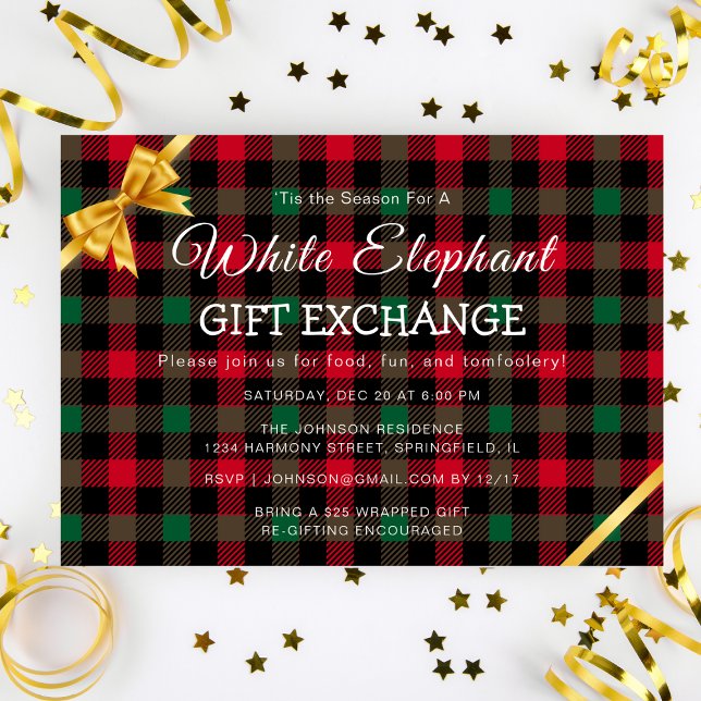 Retro Chrismas Plaid White Elephant Gift Exchange Invitation (Retro Chrismas Plaid White Elephant Gift Exchange Invitation)