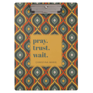 Retro Christian "Pray Trust Wait" Green Gold Clipboard
