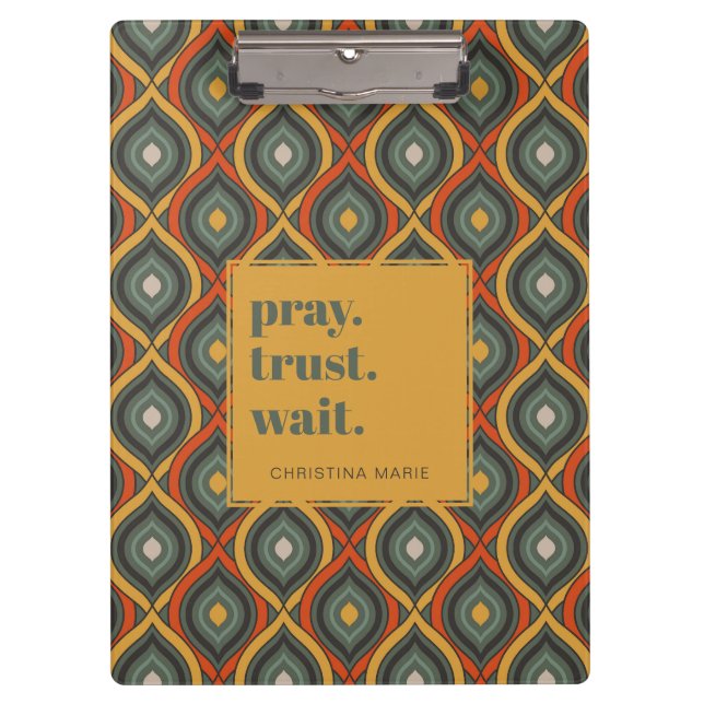 Retro Christian "Pray Trust Wait" Green Gold Clipboard (Front)