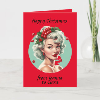 Retro Christmas 1950s pin-up girl - holly berries Holiday Card