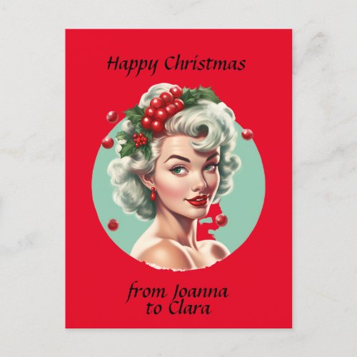 Retro Christmas 1950s pin_up girl _ holly berries Postcard