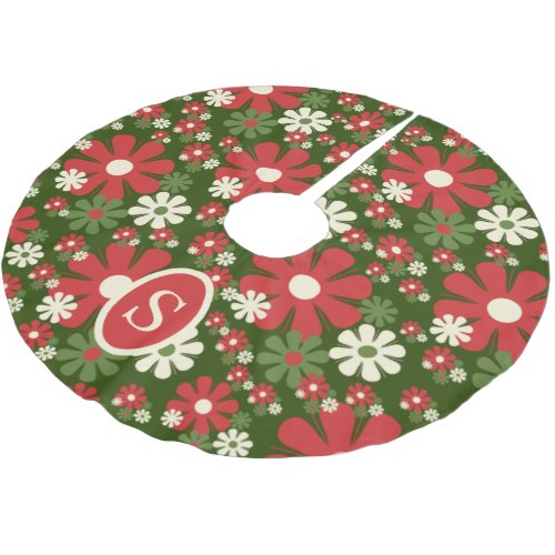 Retro Christmas 60s 70s Floral with Initial Brushed Polyester Tree Skirt