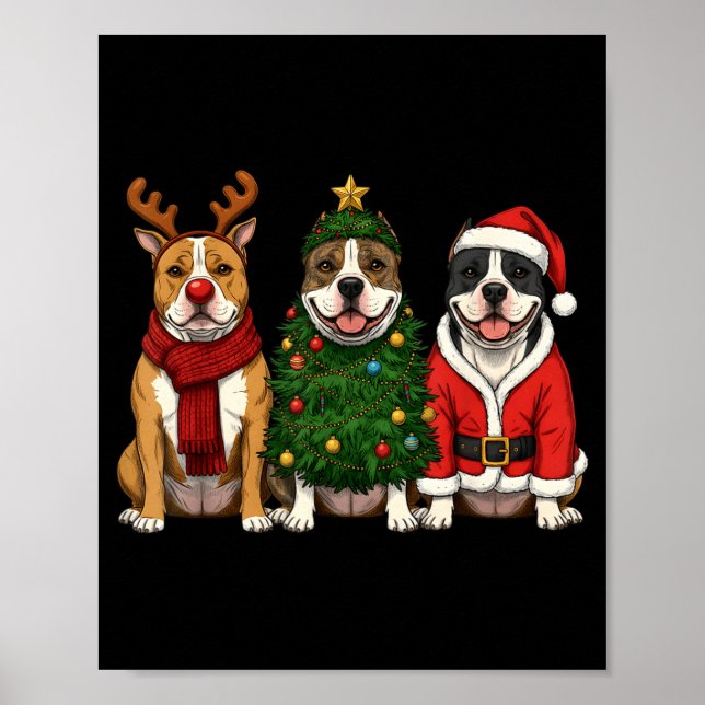 Retro Christmas American Bully Santa Reindeer Dog  Poster (Front)