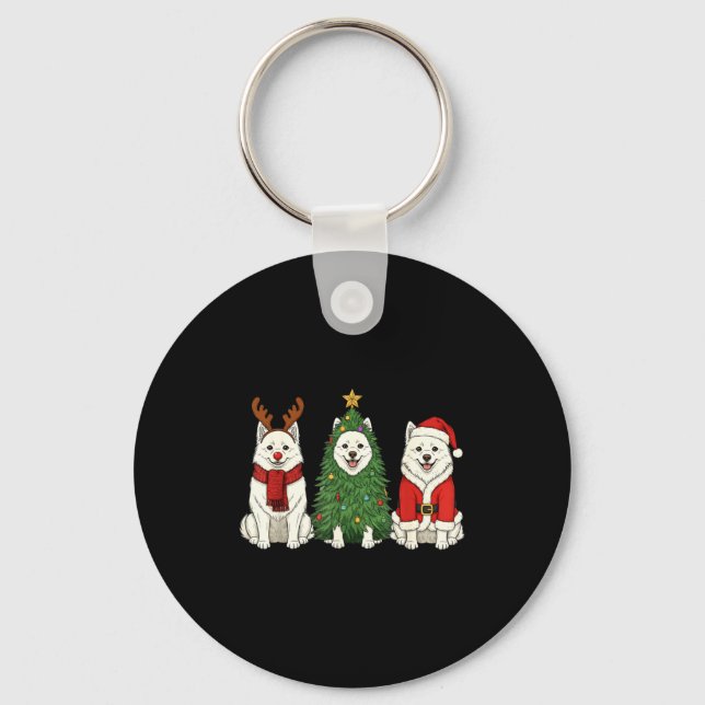 Retro Christmas American Eskimo Dog Santa Reindeer Keychain (Front)
