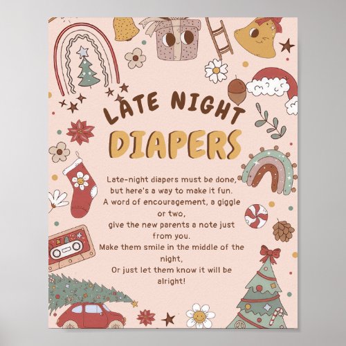 Retro Christmas Baby Shower Late Night Diapers Poster