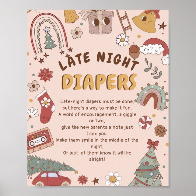 Retro Christmas Baby Shower Late Night Diapers Poster (Front)