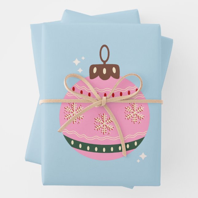 Retro Christmas Bauble Pink Blue Preppy Holiday Wrapping Paper Sheets (In situ)