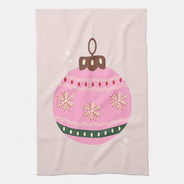 Retro Christmas Bauble Pink Holiday Kitchen Towel (Vertical)