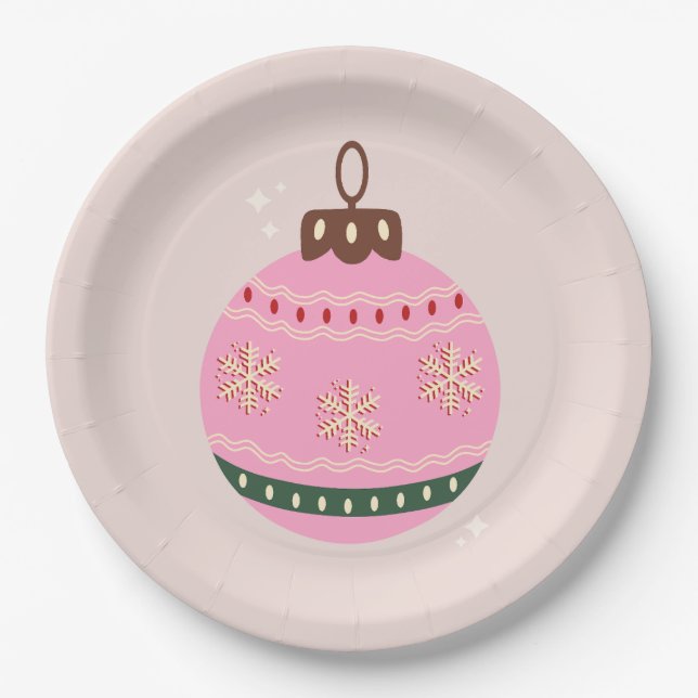 Retro Christmas Bauble Pink Holiday Paper Plates (Front)