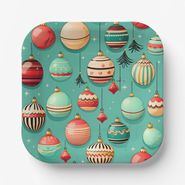 Retro Christmas Baubles Small Paper Plates (Front)