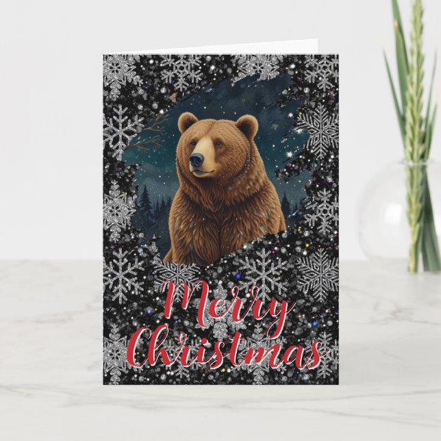 Retro Christmas bear midnight snowy landscape Card (Front)