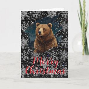 Retro Christmas bear midnight snowy landscape Card