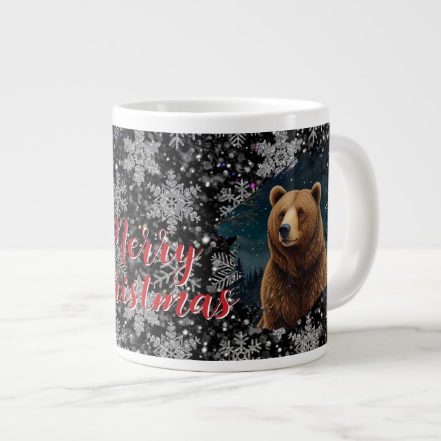 Retro Christmas bear midnight snowy landscape Giant Coffee Mug (Front Right)