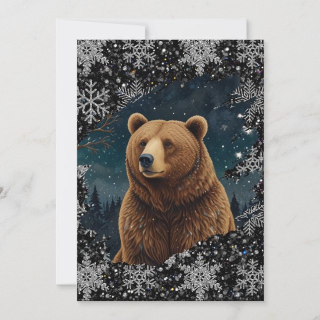 Retro Christmas bear midnight snowy landscape Invitation (Front)