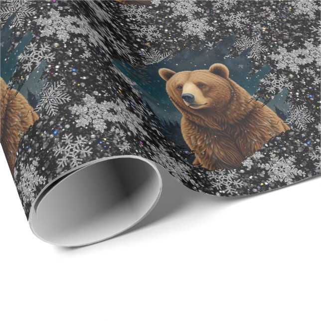 Retro Christmas bear midnight snowy landscape Wrapping Paper (Roll Corner)