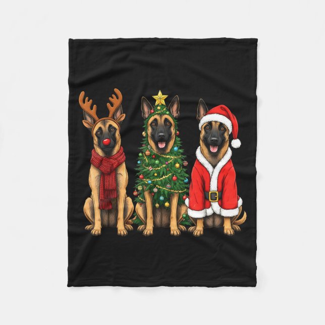 Retro Christmas Belgian Malinois Santa Reindeer Do Fleece Blanket (Front)