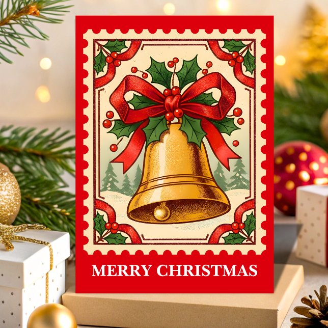 Retro Christmas Bell Postage Stamp Holiday Card (Creator Uploaded)