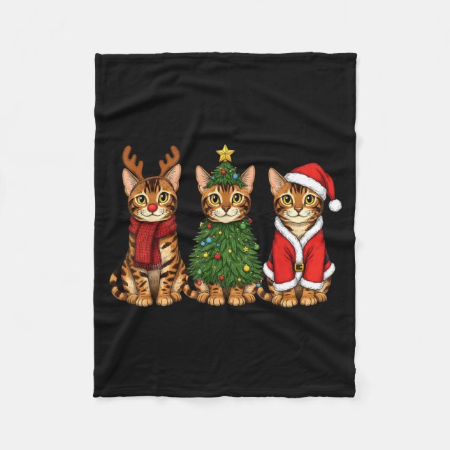 Retro Christmas Bengal Cat Santa Reindeer  Fleece Blanket (Front)