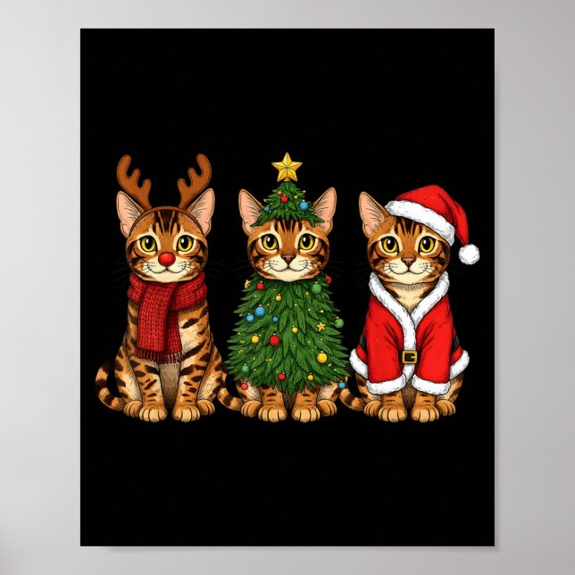 Retro Christmas Bengal Cat Santa Reindeer  Poster (Front)